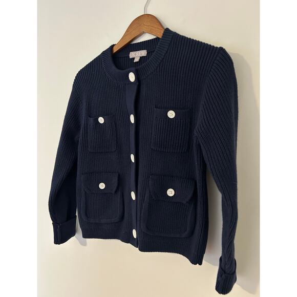 NWOT J. Crew Four Pocket Cardigan Thick Knit Navy Blue Cotton Blend XS Classic - Picture 5 of 8